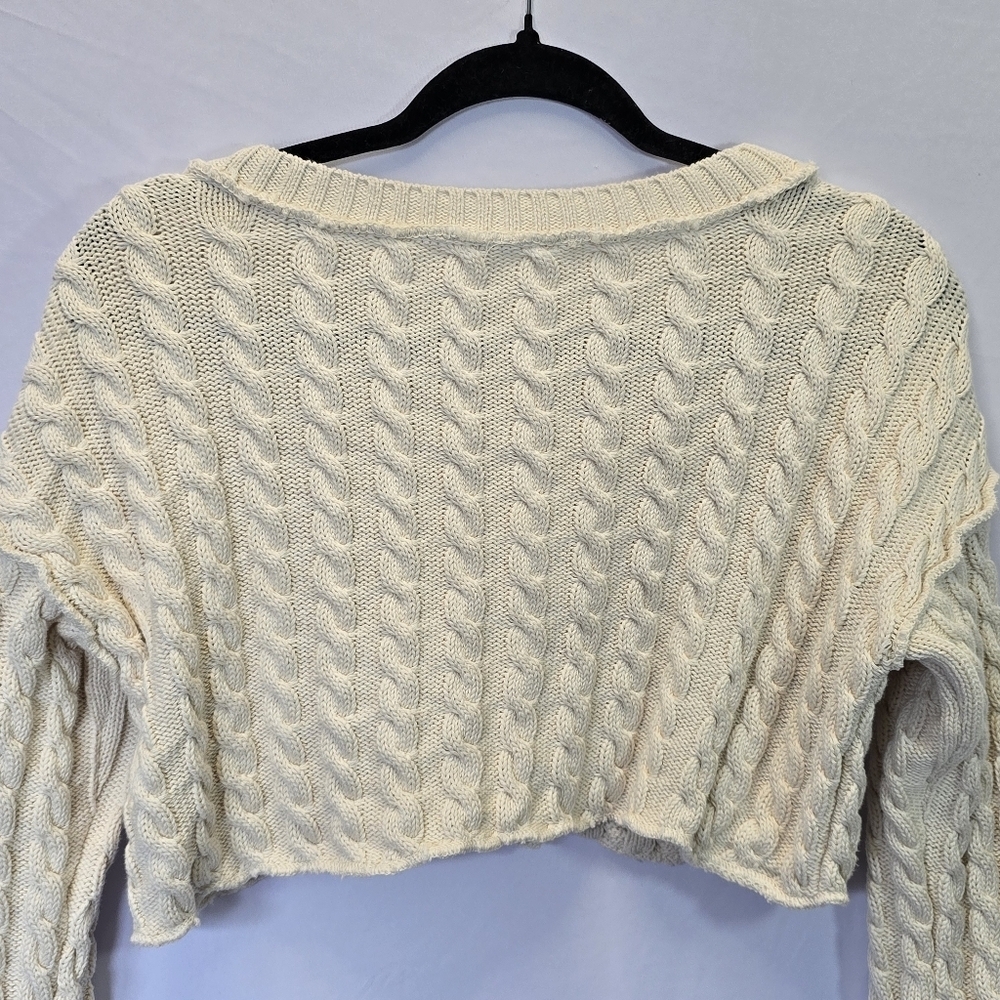 Free People Super Cropped Cable Knit Crew Neck Sweater Long Sleeve Cream, sz S - Picture 6 of 8